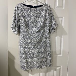 Ralph Lauren Gray and White Sheath Dress with Flutter Sleeves